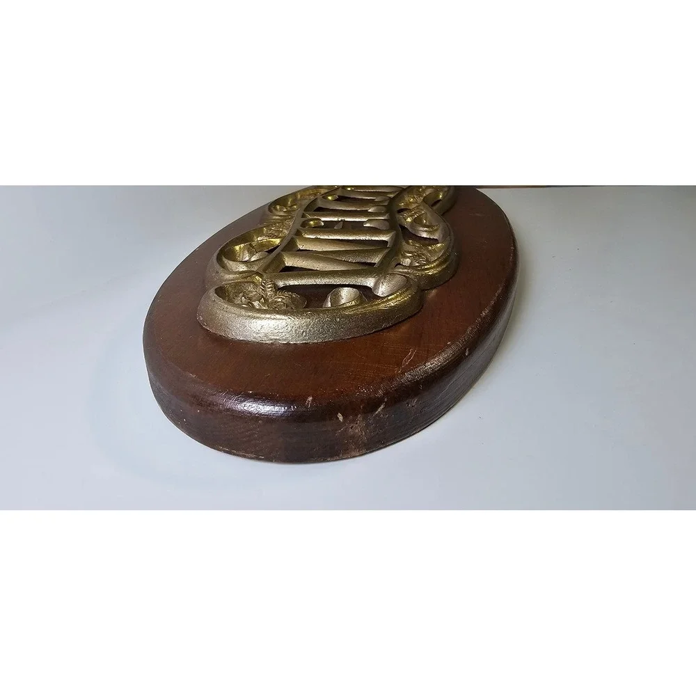 Vintage Brass Welcome Sign on Oval Wood Plaque 7x17 MCM Cottagecore Wall Decor